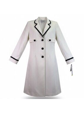 Julian Taylor Womens White Long Jacket With Black Trim Button Front  Size 14